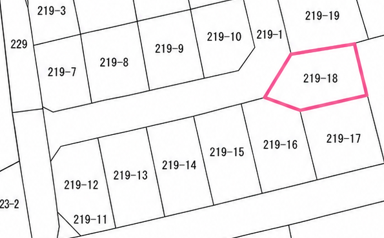宝塚エリアの相続税評価で使用した地籍図。評価対象地（地番219-18）が赤の輪郭で示されており、周囲の219-7・219-8・219-9・219-10・219-15・219-16・219-17等の隣接地番との位置関係が一目で分かる。実測値を地籍図に落とし込み、評価明細書の根拠として保管する。