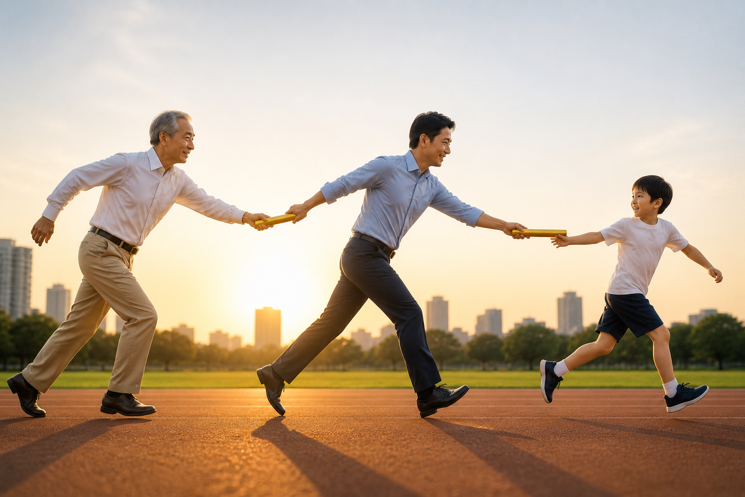 夕焼けのトラックで祖父・父・子の三世代がバトンをつなぐ姿。世代を超えて資産を引き継ぐ相続事前対策のイメージ。